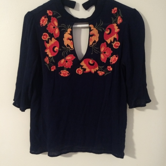 Blue Rain Embroidered Top, Size Small, Navy Blue - Picture 1 of 8
